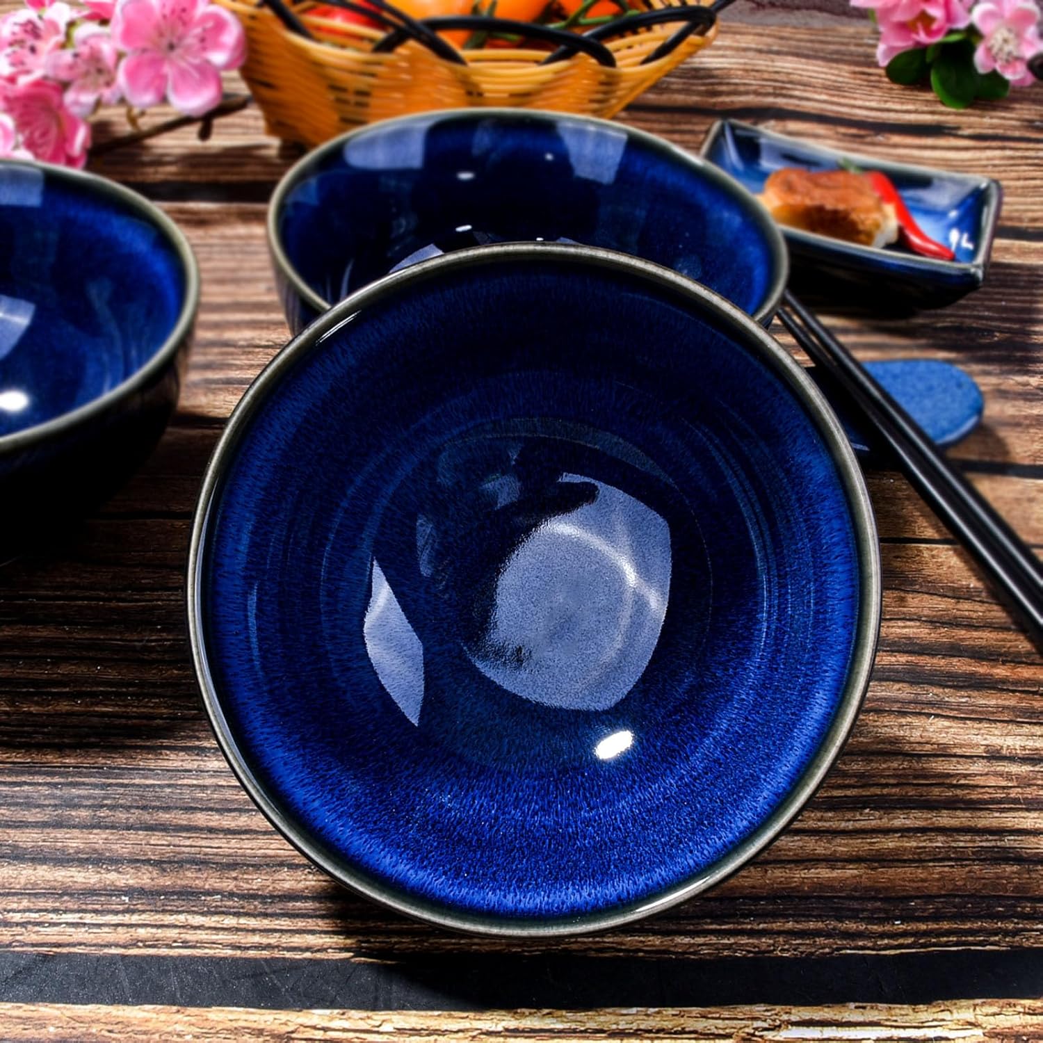 Ceramic Rice Bowl Set of 4 Blue Cereal Bowls for Soup Rice Oat Microwave and Dishwasher Safe