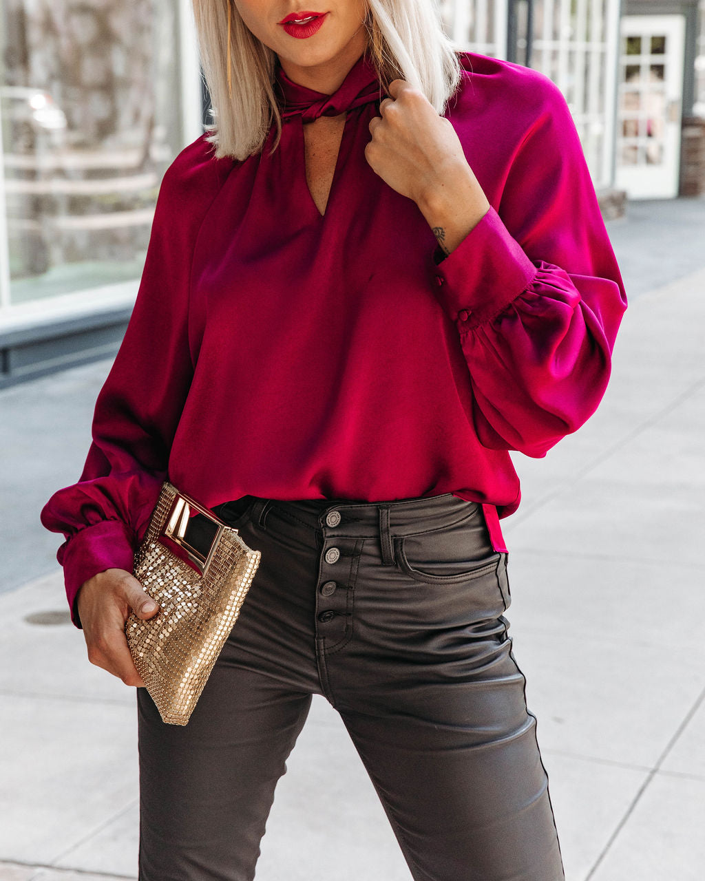Overall Gratitude Satin Balloon Sleeve Top - Wine - Se7enfashion