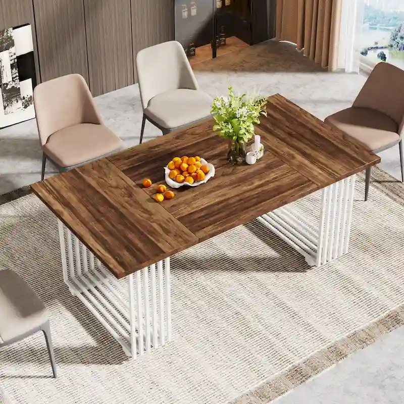Modern Dining Table with Rectangular Top and Metal Base for 6 to 8 Seating