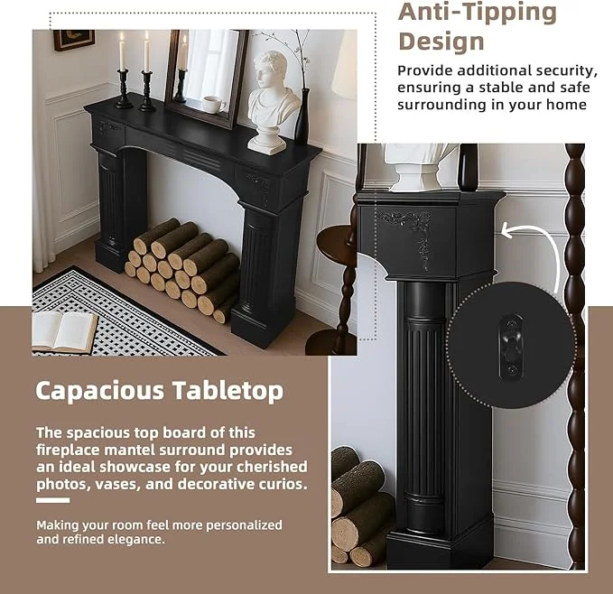 EPICOZY 43.3" Fireplace Mantel, Freestanding Fireplace Surround with Leg for Electric Fireplaces, MDF Mantel Surround with Shelf for Living Room with Decorative Pattern, Anti-Tipping & Waterproof - Image 3