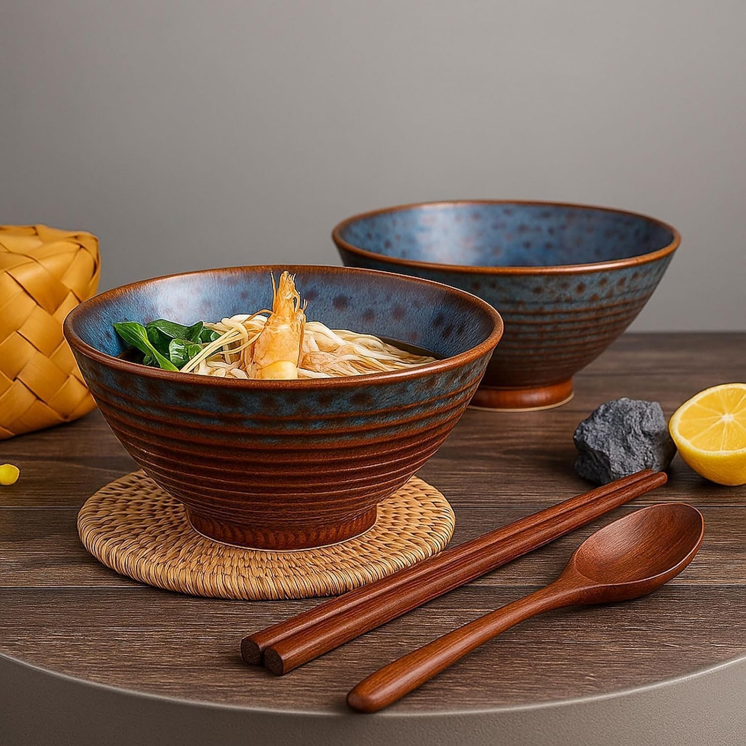 2x Ceramic Ramen Bowls - 40 oz - 20cm - With Spoon and Chopsticks for Ramen Soup Pho Udon Asian Noodles, Large Noodle Bowls (Cat's eye glaze 2 sets)