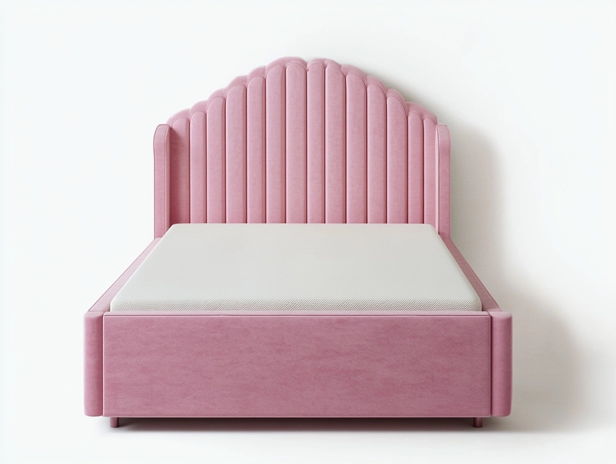 Cama infantil rosa con cabecero acolchado en forma de concha
