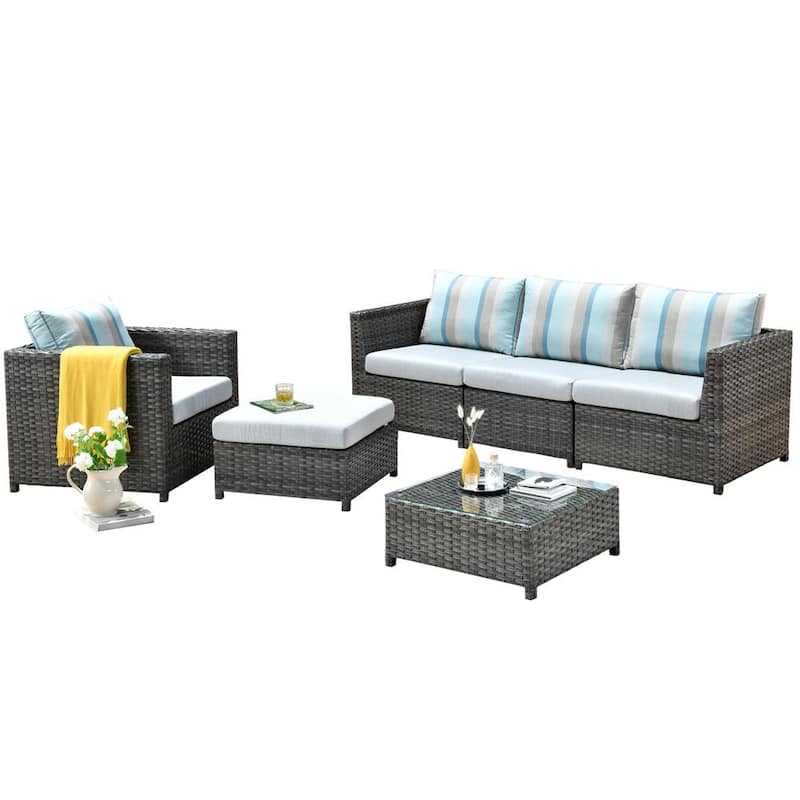 Set de sofá para patio de 6 piezas en mimbre gris Tahití – sin necesidad de ensamblaje – incluye cojines PINPAI sn3452505