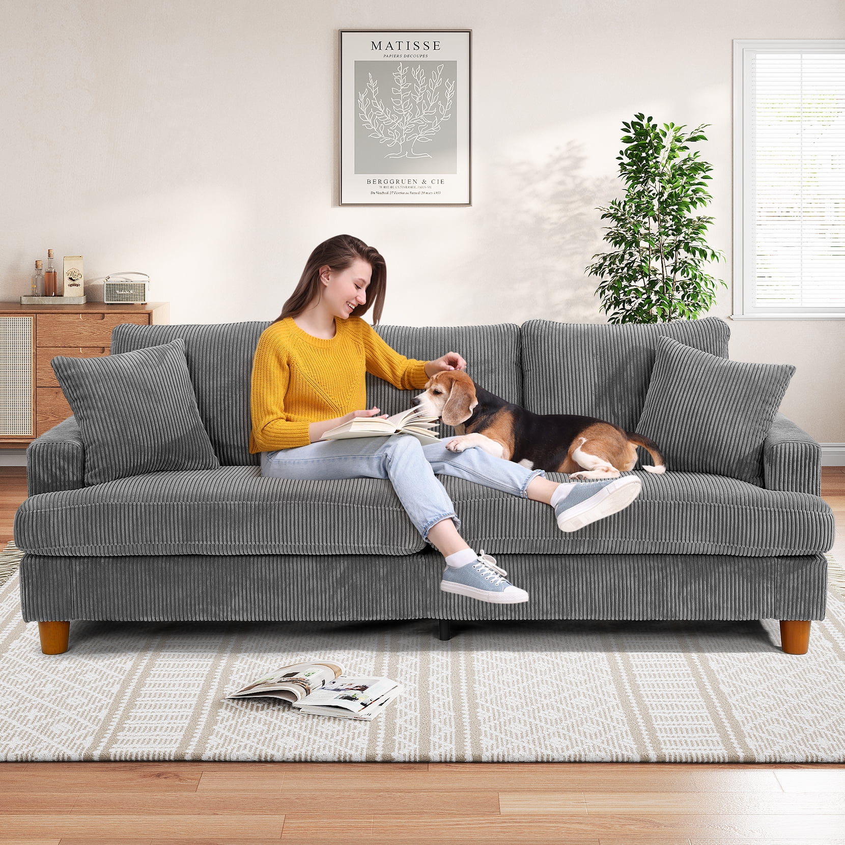 87" Corduroy Sofa,3 Seater Sofa with Extra Deep Seats,Neche Comfy Upholstered Couch for Living Room,2 Pillows,Green - Image 22