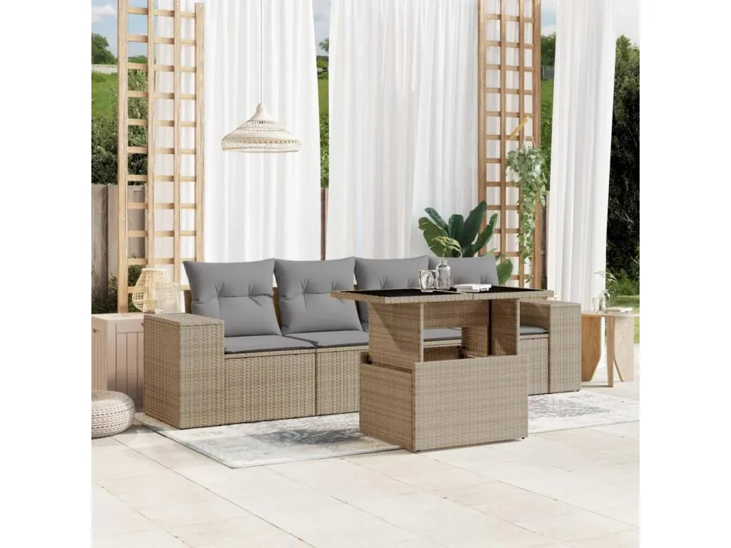 Juego de sofás jardín con cojines 5 pzas ratán sintético beige vwry66080
