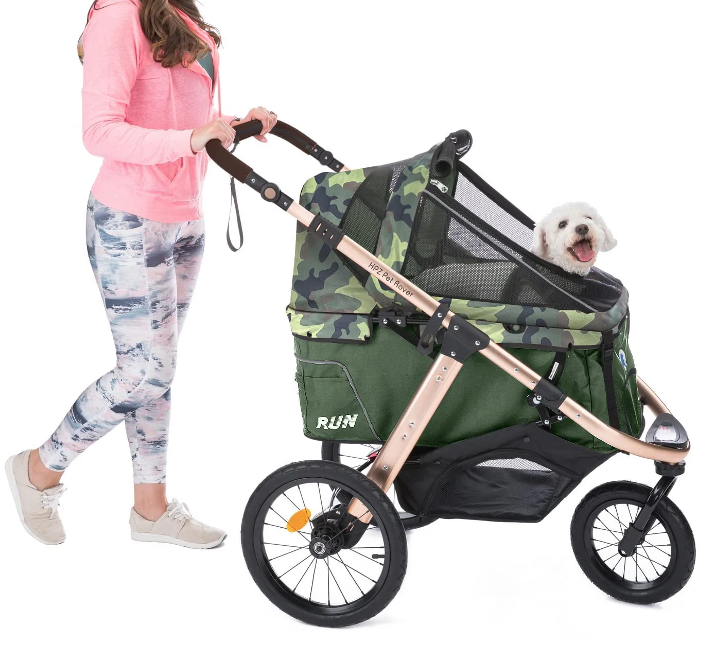 Jogging Sports Stroller with Comfort Rubber Wheels/Zipper-Less Entry/1-Hand Quick Fold/Aluminum Frame for Small/Medium Dogs, Cats and Pets (Green Camo)