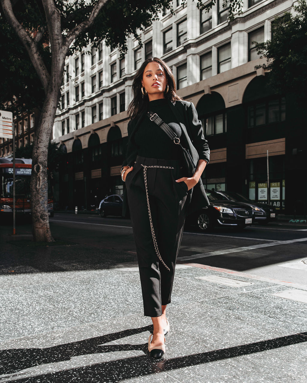 Classic Business Pocketed Chain Belt Trousers - Black - Se7enfashion