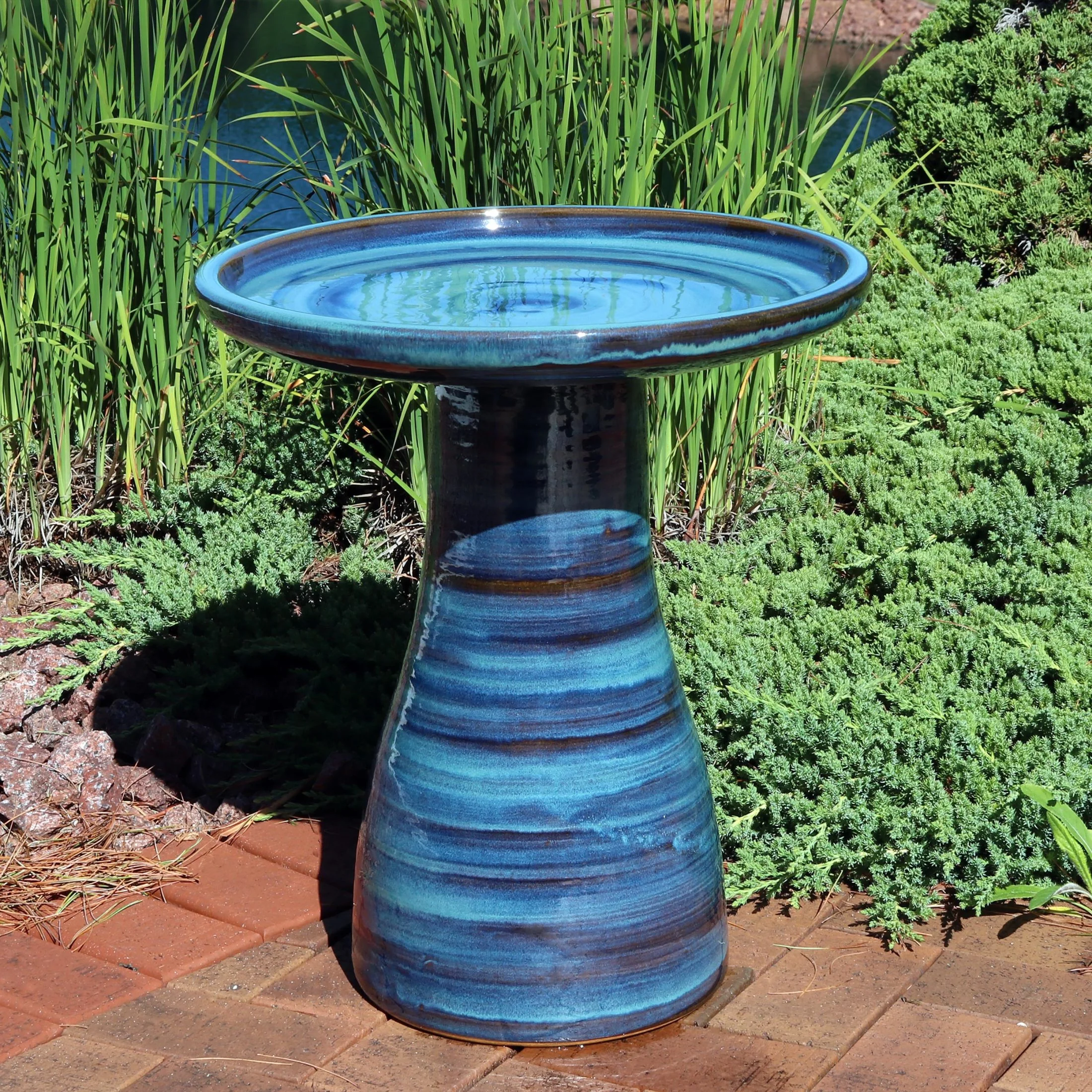 Sunnydaze Freestanding Ceramic Outdoor Bird Bath, Glazed, UV-Resistant Galaxy Blue Finish - Image 10