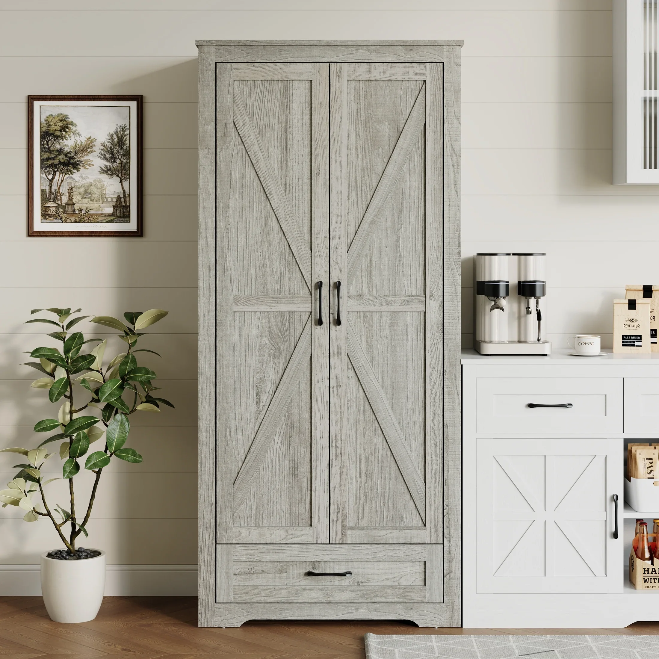 YouTrend 69" Tall Kitchen Pantry,Farmhouse Storage Cabinet with 2 Barn Doors 4 Adjustable Shelves and Large Drawer for Dining Room,Living Room,Bathroom,White