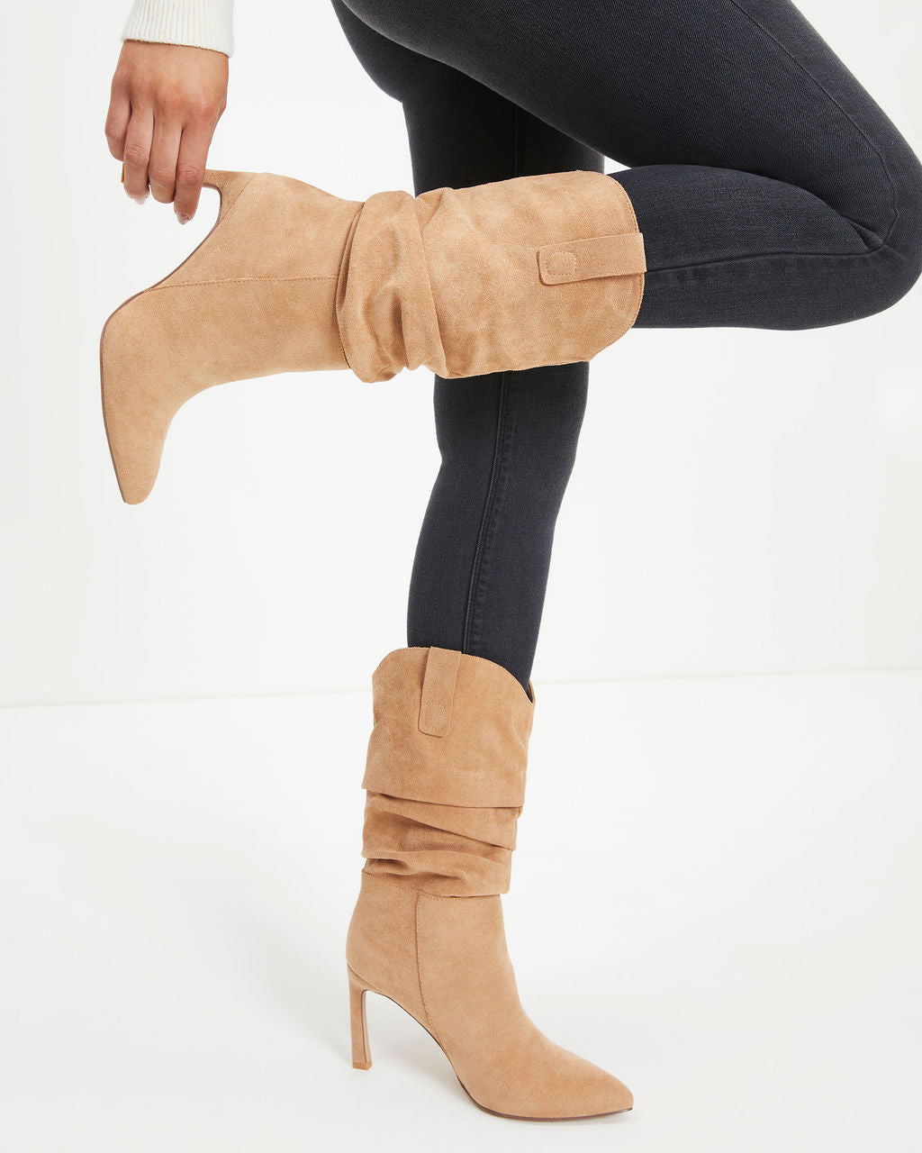 Goldie Faux Suede Heeled Slouch Boot - Almond - Se7enfashion