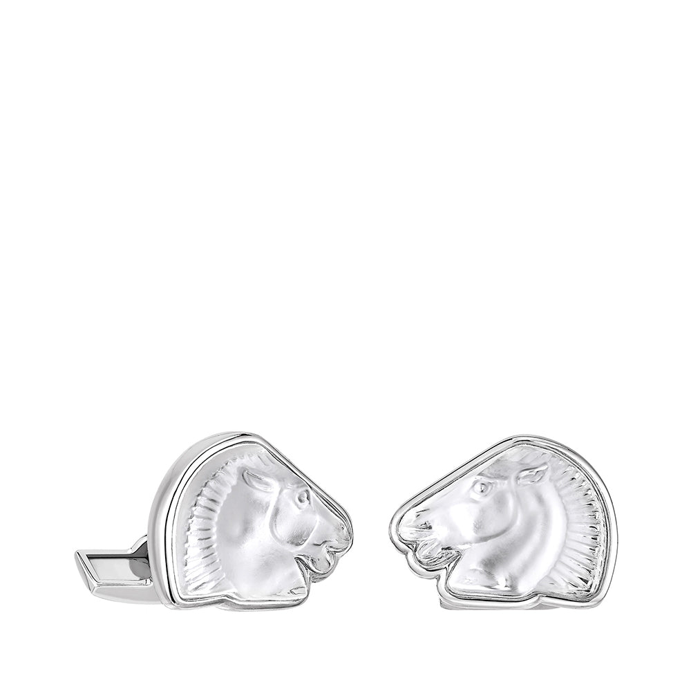 BOUTONS DE MANCHETTES MASCOTTES CHEVAL - CRISTAL INCOLORE, FINITION PALLADIUM