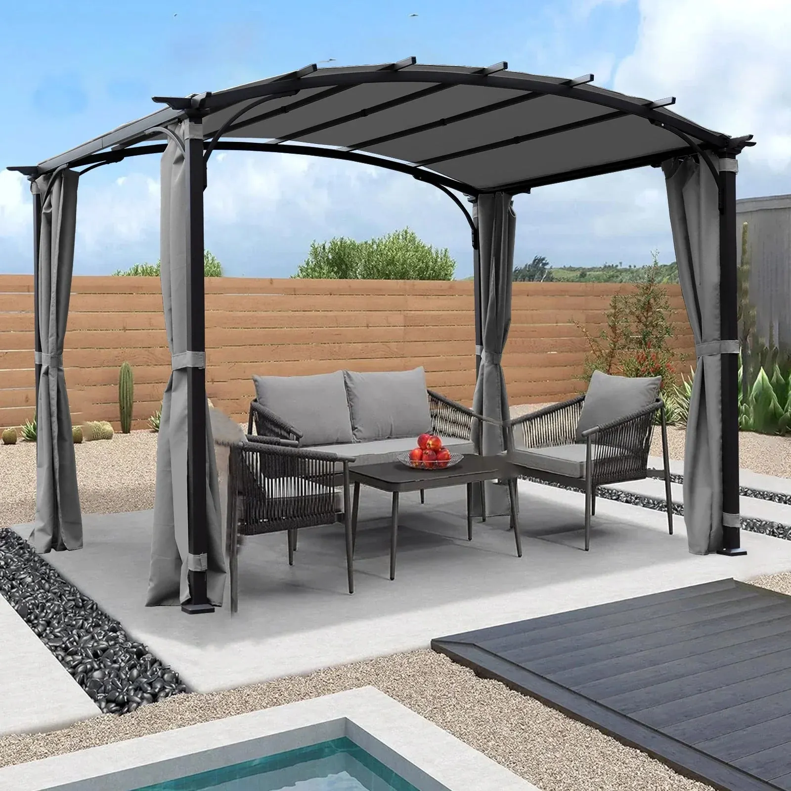 Elegant 9 x 11 ft Arched Patio Pergola Gazebo with Waterproof Sun Shade and Steel Frame