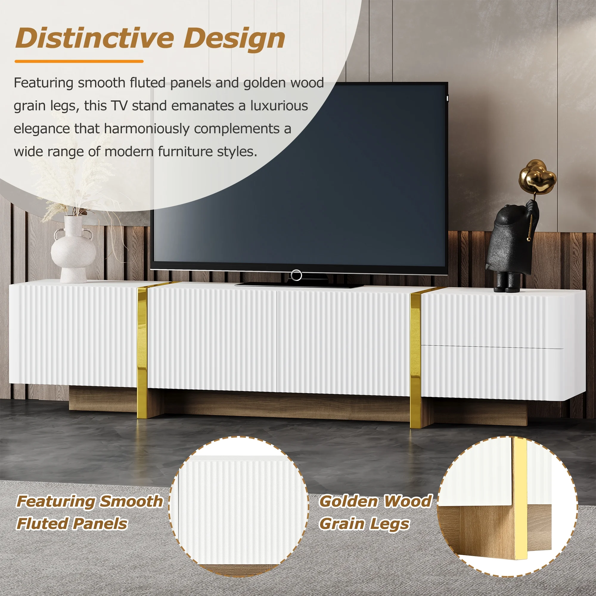 Luxury Fluted TV Stand for TVs Up to 80'', Modern Entertainment Center with Storage Cabinets & Drawers, Smooth Media Console with lden Wood Grain Legs for Living Room, White - Image 8