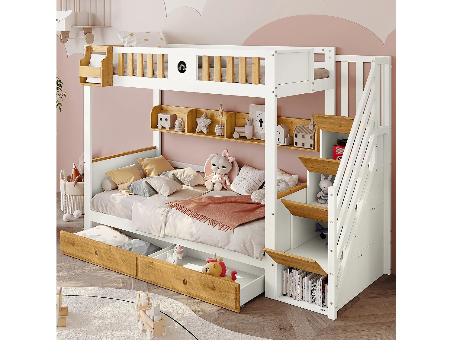 Litera con escalera de almacenamiento - 90x200 cm - 4 taquillas en la escalera y 2 cajones debajo de la cama - con somier - Blanco