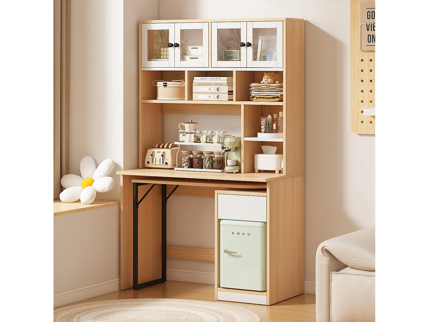 Secreter con almacenaje, encimera giratoria, MDF, blanco y madera natural (110x55x180 cm)