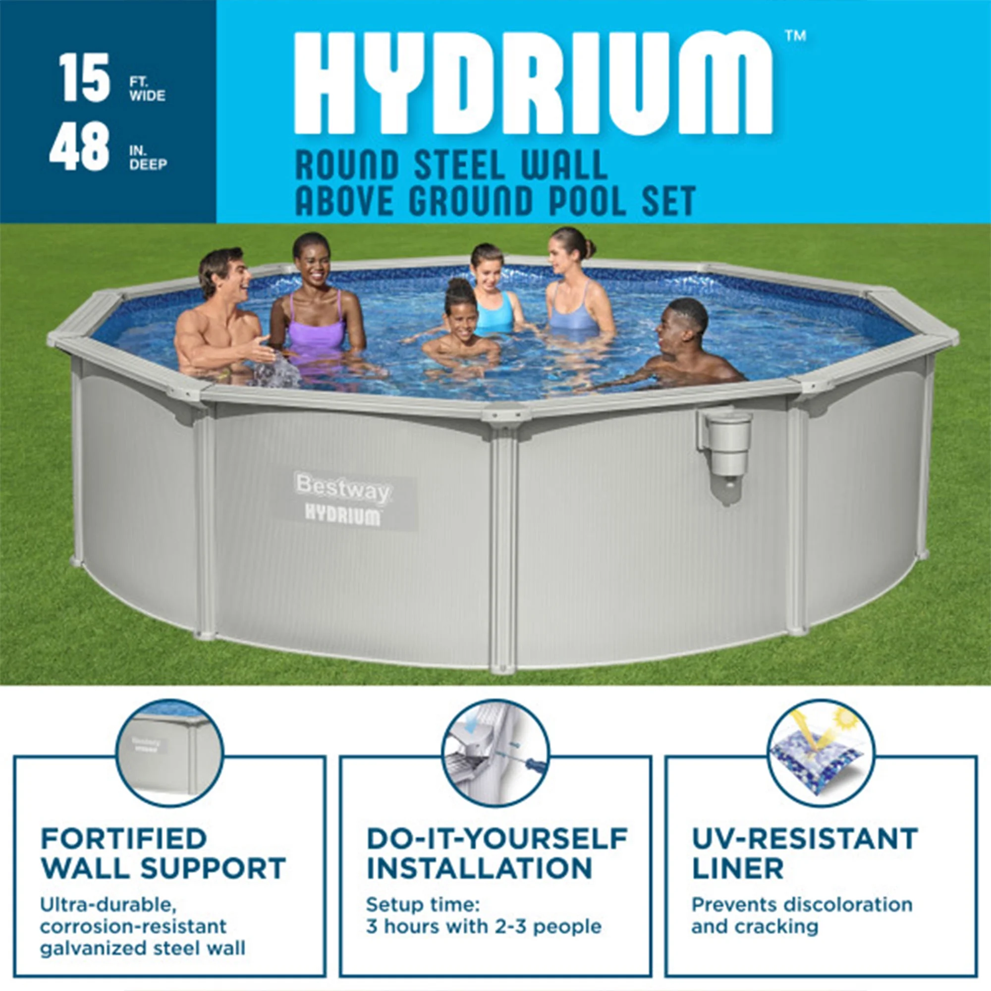 Bestway Hydrium 15' x 48" Steel Wall Above Ground Swimming Pool Set, Gray - Image 2
