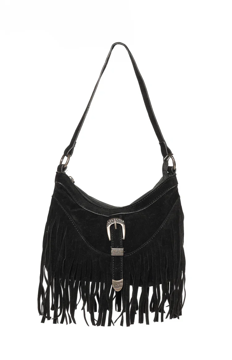 Bailey Black Suedette Silver Buckle Fringe Shoulder Bag