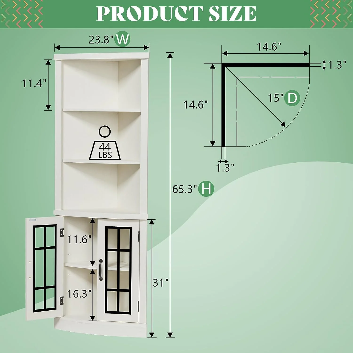 Merluxy Curved Corner Cabinet, 65" Wood Bookcase with 3 Shelves, Distressed White - Image 2