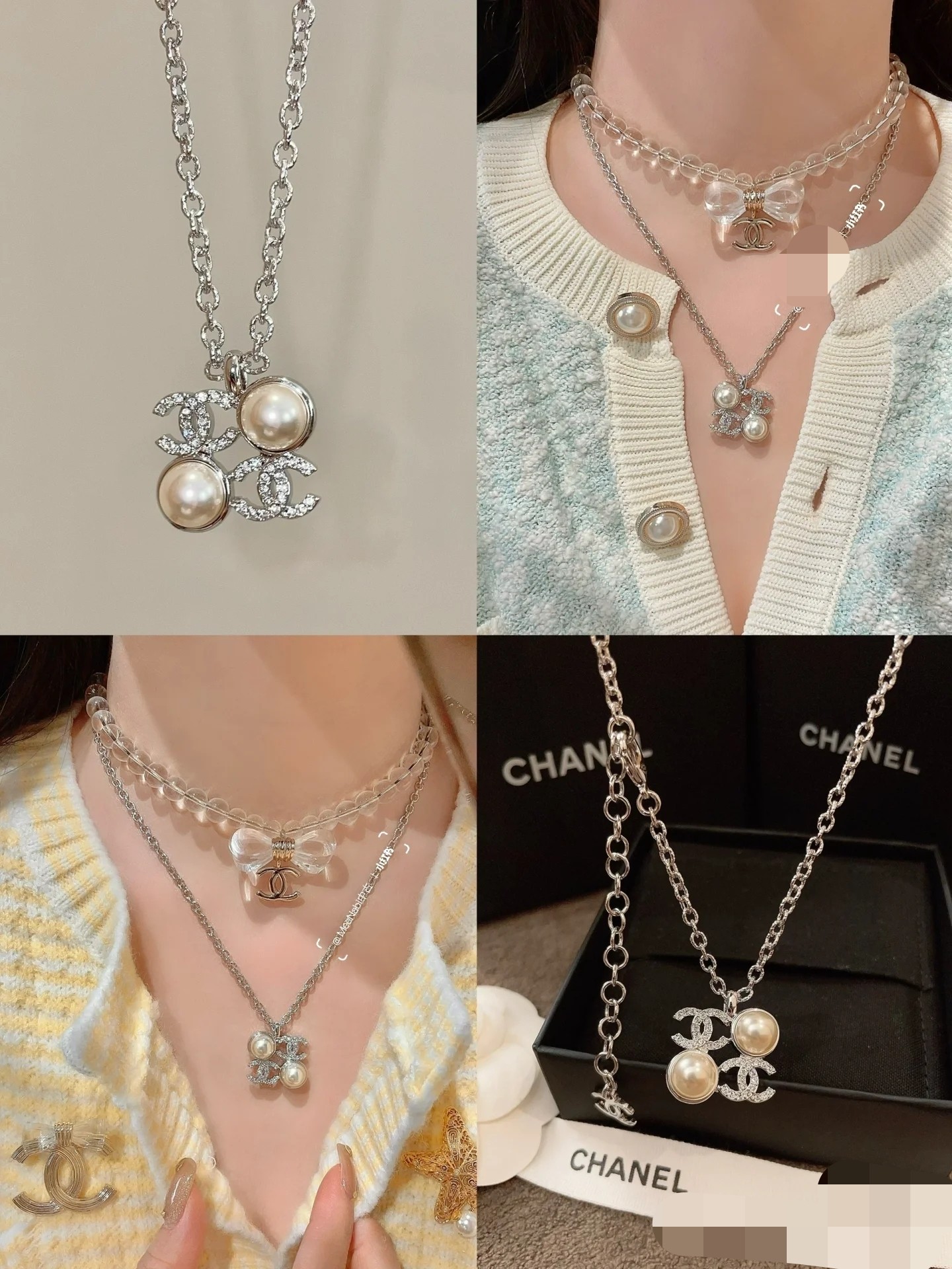Chanel Silver Square Coco & Pearls Pendant Necklace - Original Replica Club