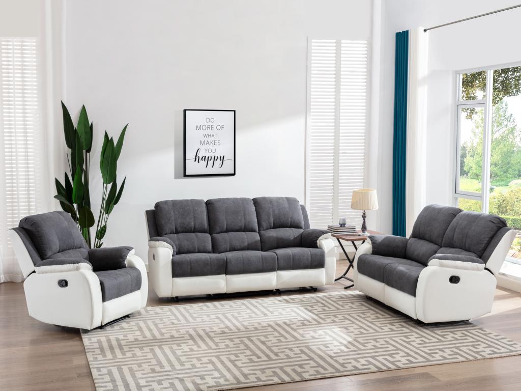 Sofá doble reclinable - costura gris y blanca - microfibra + polipiel