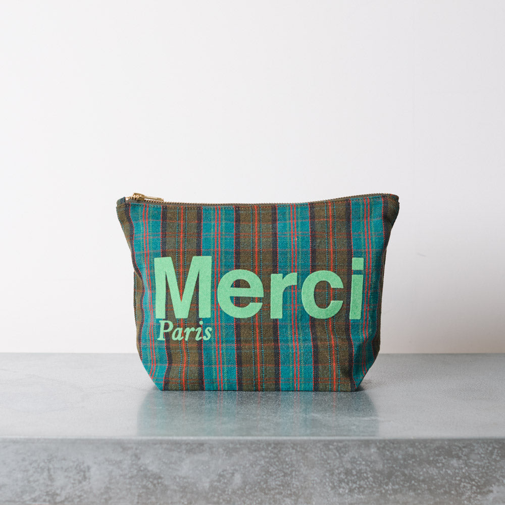 Merci - Pochette en coton - Bleu, Marron & Vert