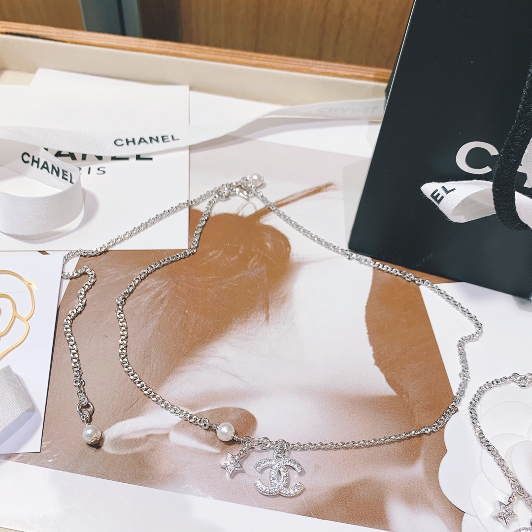 Chanel Minimalistic Star CC Pendant Silver Bracelet Necklace - Original Replica Club