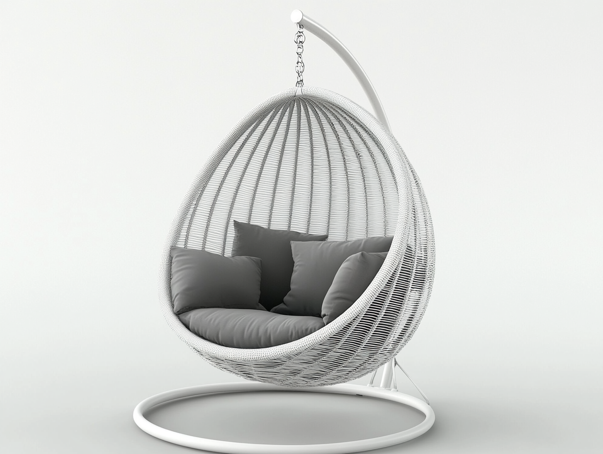 Silla colgante con soporte en forma de huevo de ratán blanco y cojines grises