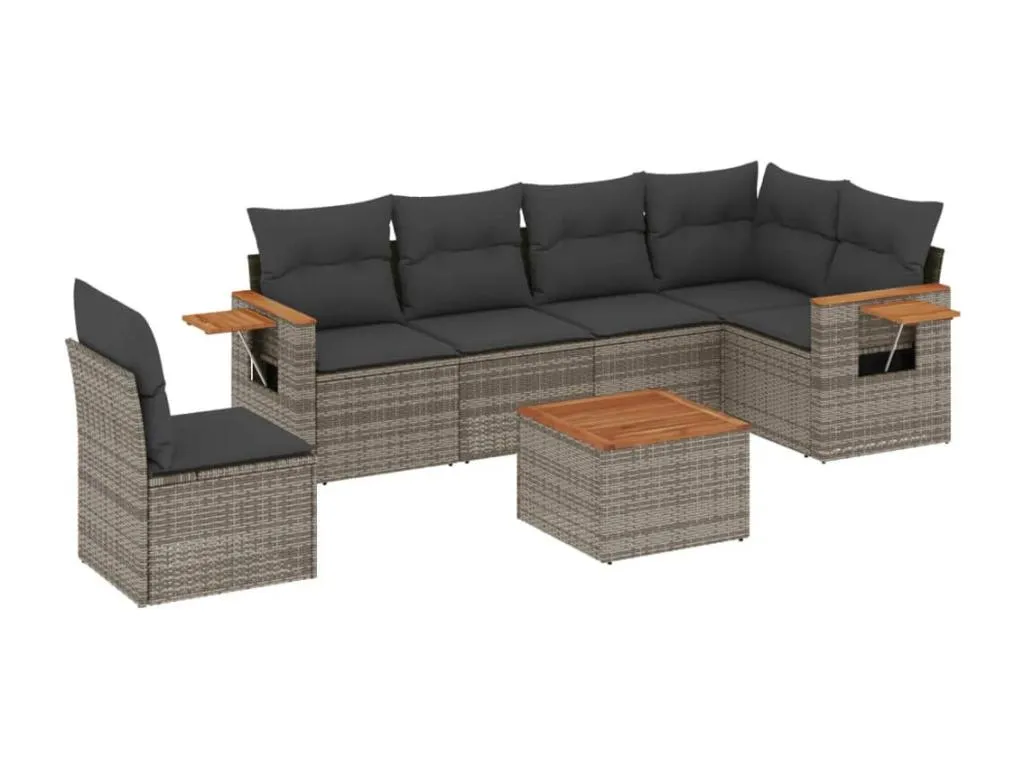 Hogarmini Set de sofás de jardín 7 piezas con cojines ratán PE gris iwwt73415