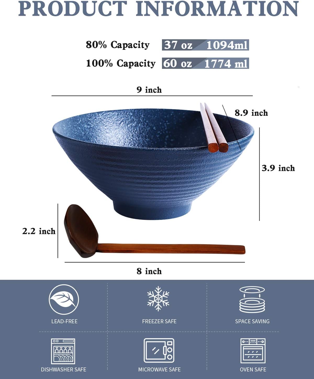 Kanwone Ceramic Japanese Ramen Bowl Set, Noodle Soup Bowls - 60 Ounce, with Matching Spoons and Chopsticks for Udon Soba Pho Asian Noodles, Set of 2, Navy