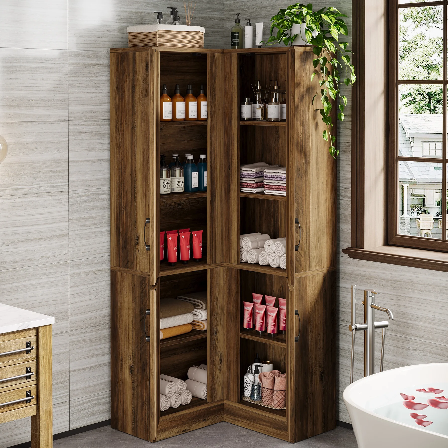 Tribesigns 70.8" Tall Corner Cabinet, Farmhouse Storage Cabinet with 4 Doors & 5 Storage Shelves - Image 6