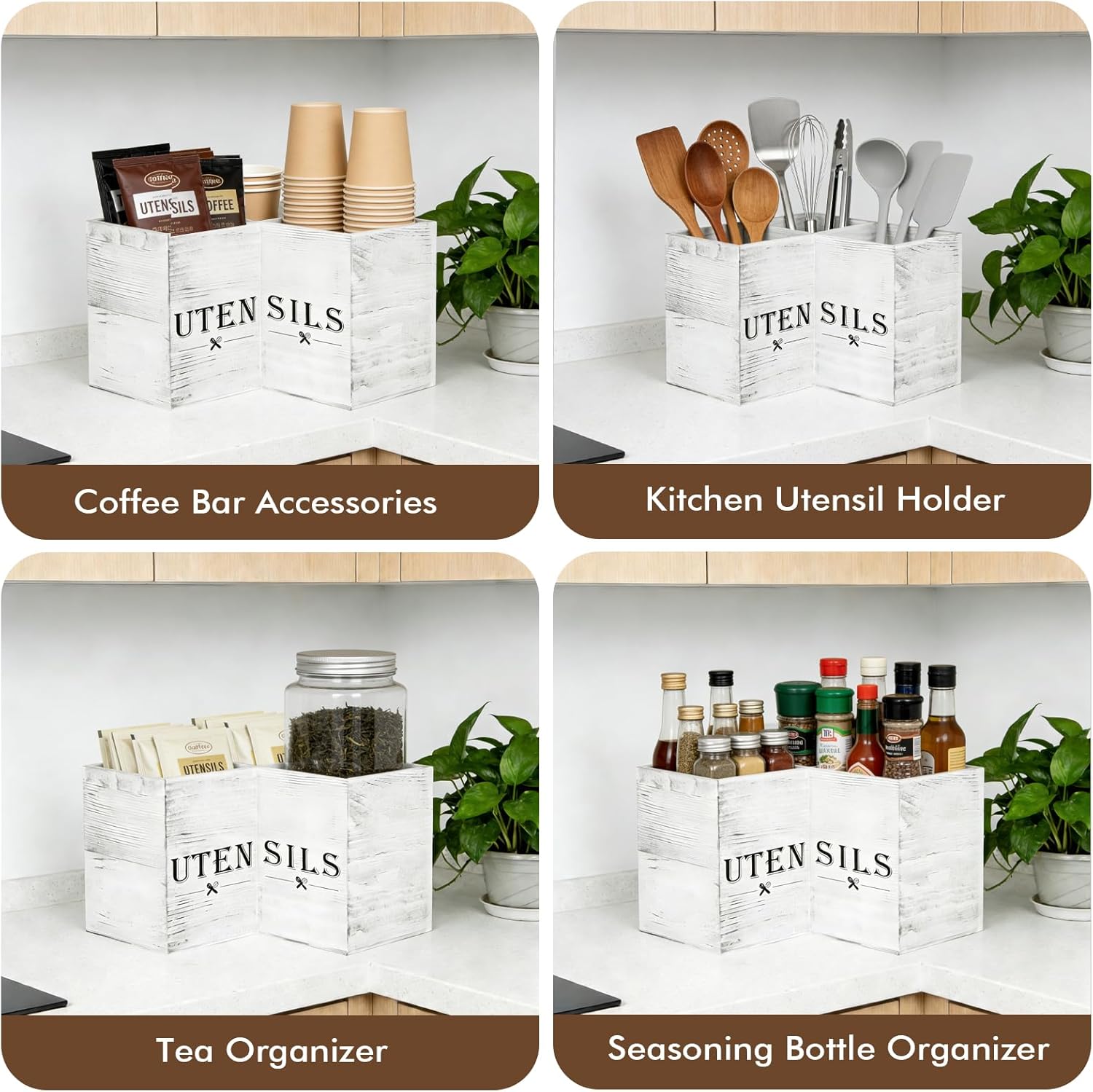 Extra Large Utensil Holder with 3 Compartments, Durable Wooden Utensil Organizer for Kitchen Countertop, Spatula and Spoon Holder Farmhouse Decor (White Grain)