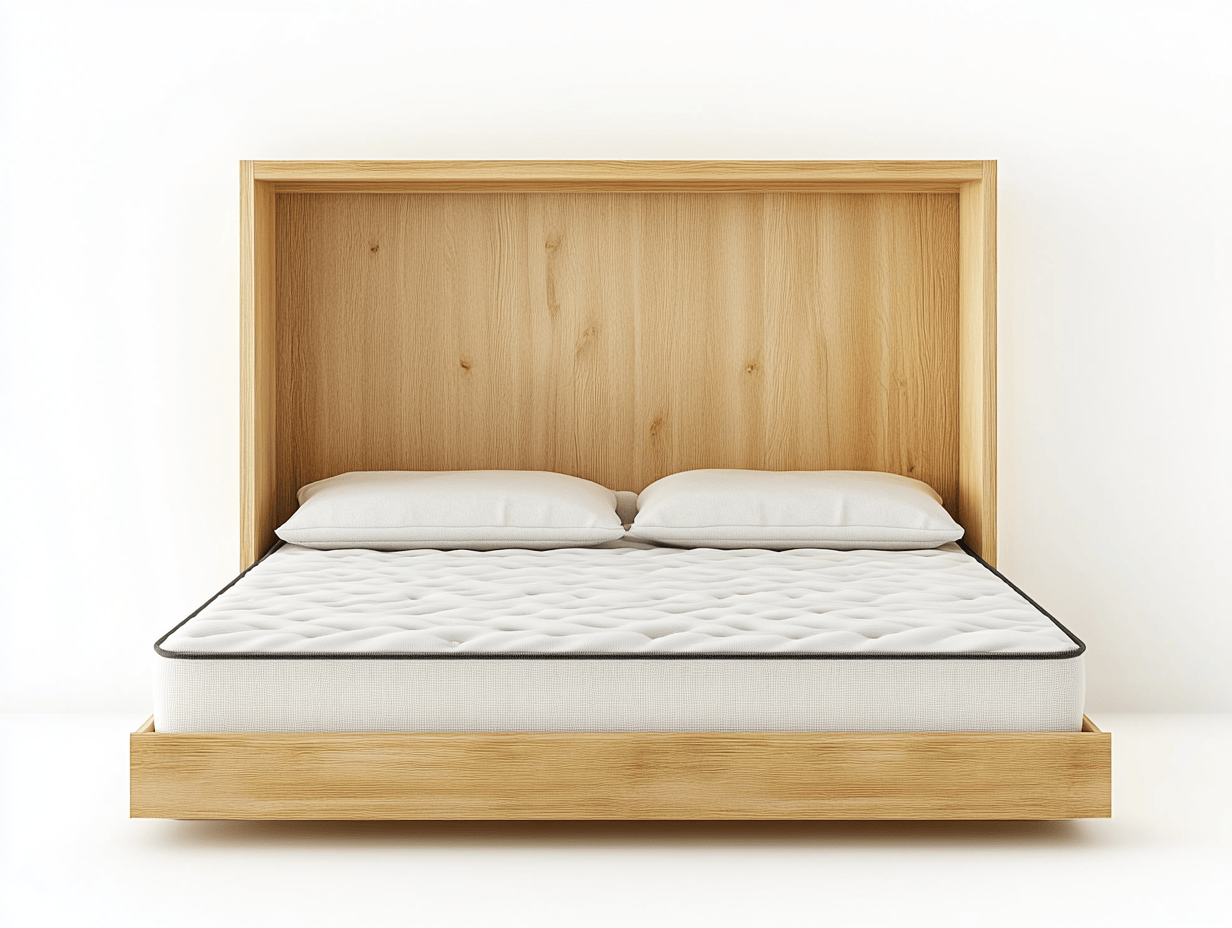 Cama abatible vertical de madera natural con estructura robusta y colchón incluido 150x200cm