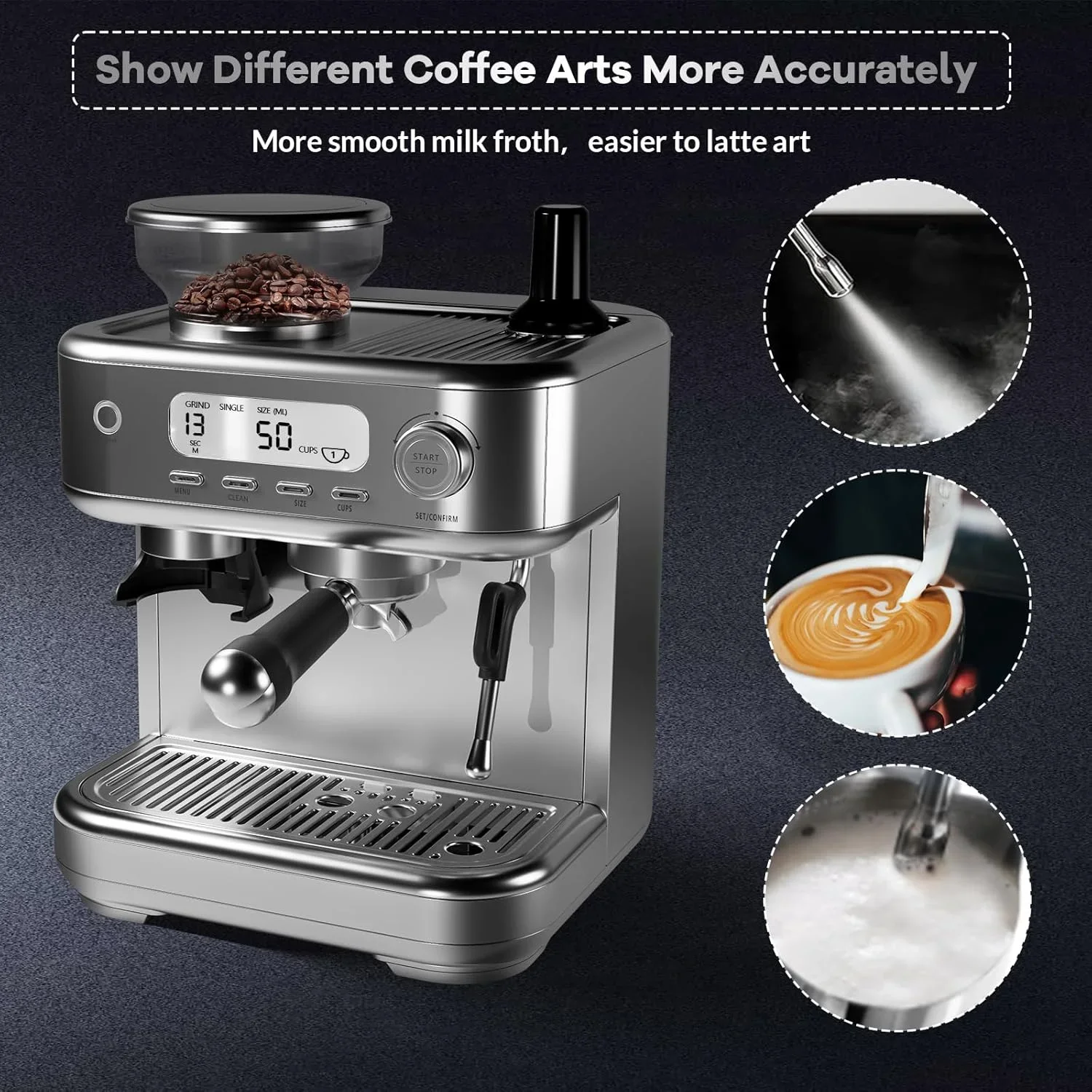 Espresso Machine with Grinder, Professional Coffee and Espresso Maker Combo, Stainless Steel Cafe Espresso Machine with Steam Wand Barista Kit for Cappuccino Latte