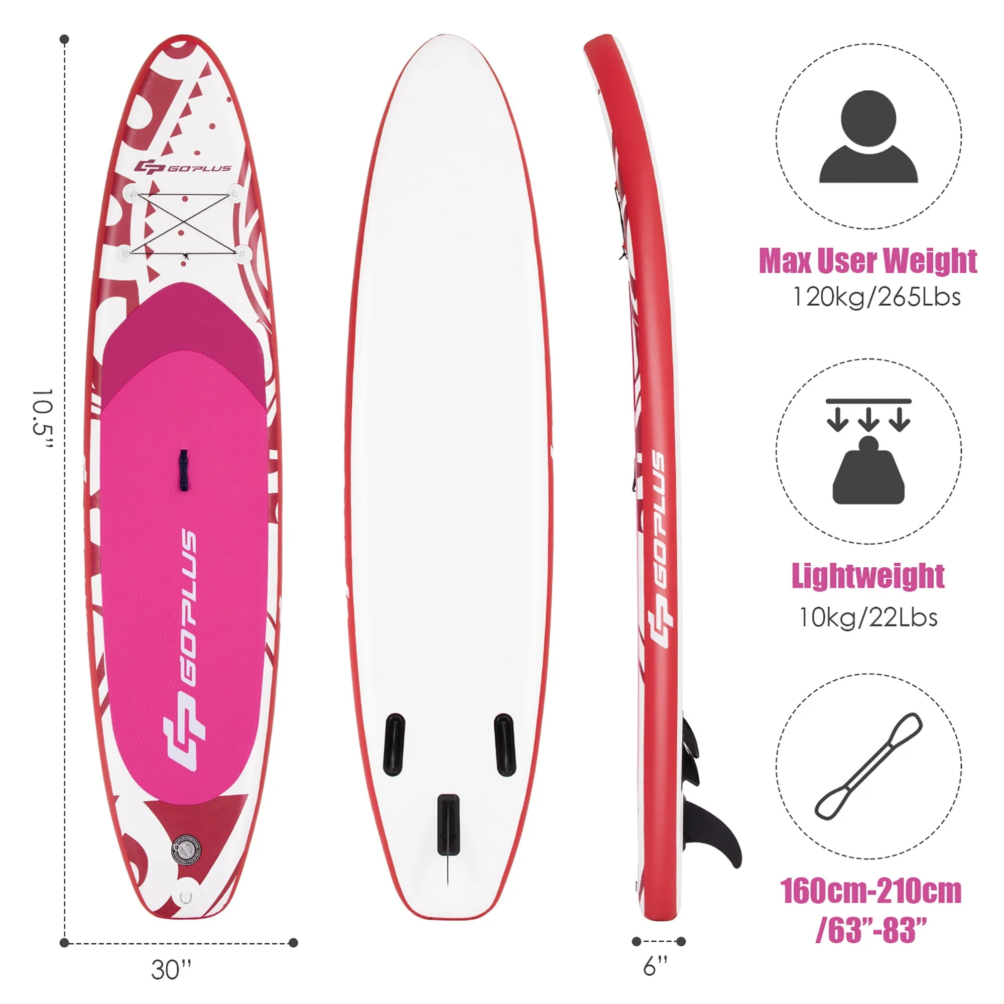 Goplus 10.5-?Inflatable Stand Up Paddle Board SUP W/Carrying Bag Aluminum Paddle Pink - Image 3