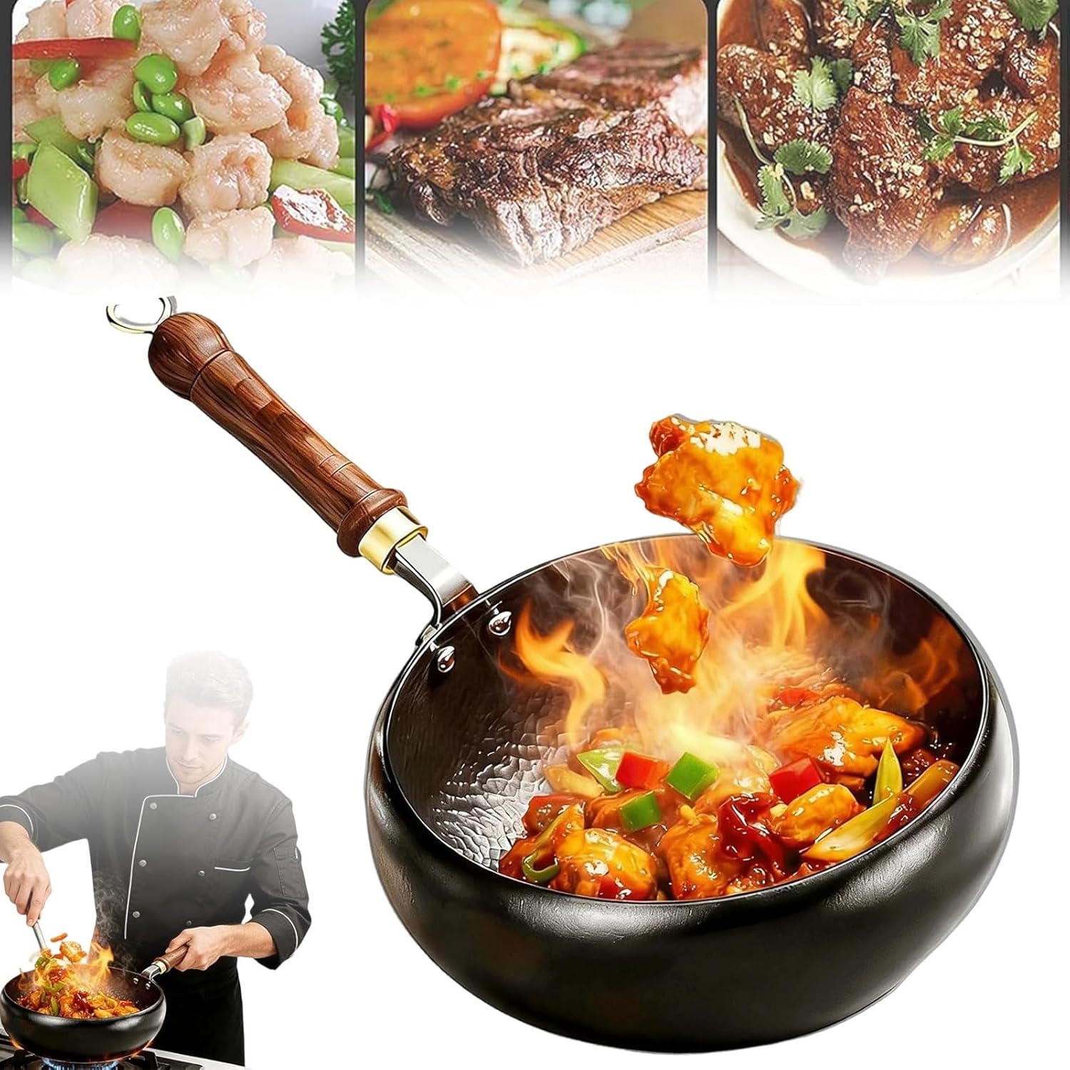 Uncoated Thick Iron Pot, Hand-Forged Japanese Cast Iron Pan with Lid, Non-Stick After Seasoning, Versatile Deep Wok for Frying & Searing, Induction Compatible Cookware (Glass cover,11in)