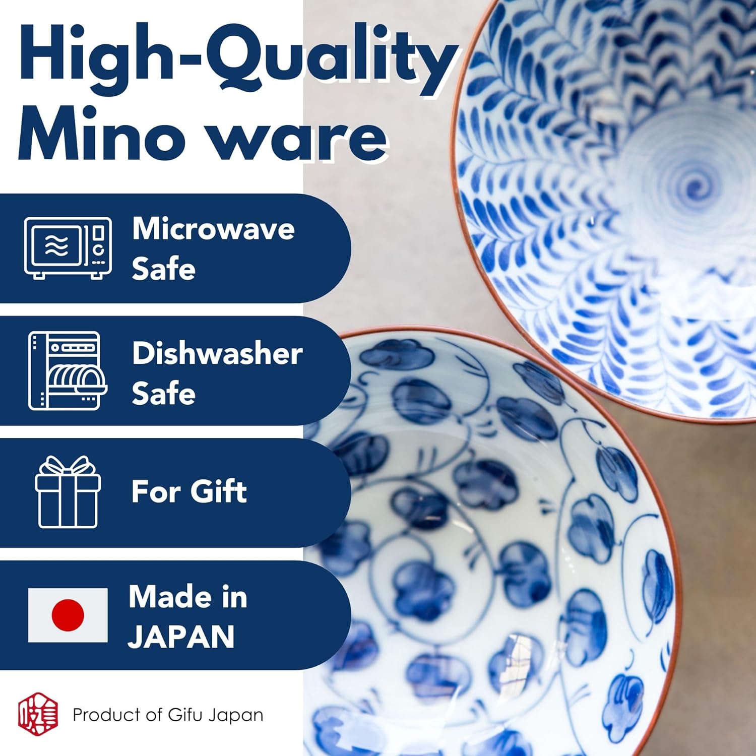 Japanese Handcrafted Rice Bowl, Authentic Mino Ware Pottery, Aie gawari Chawan, set of 5