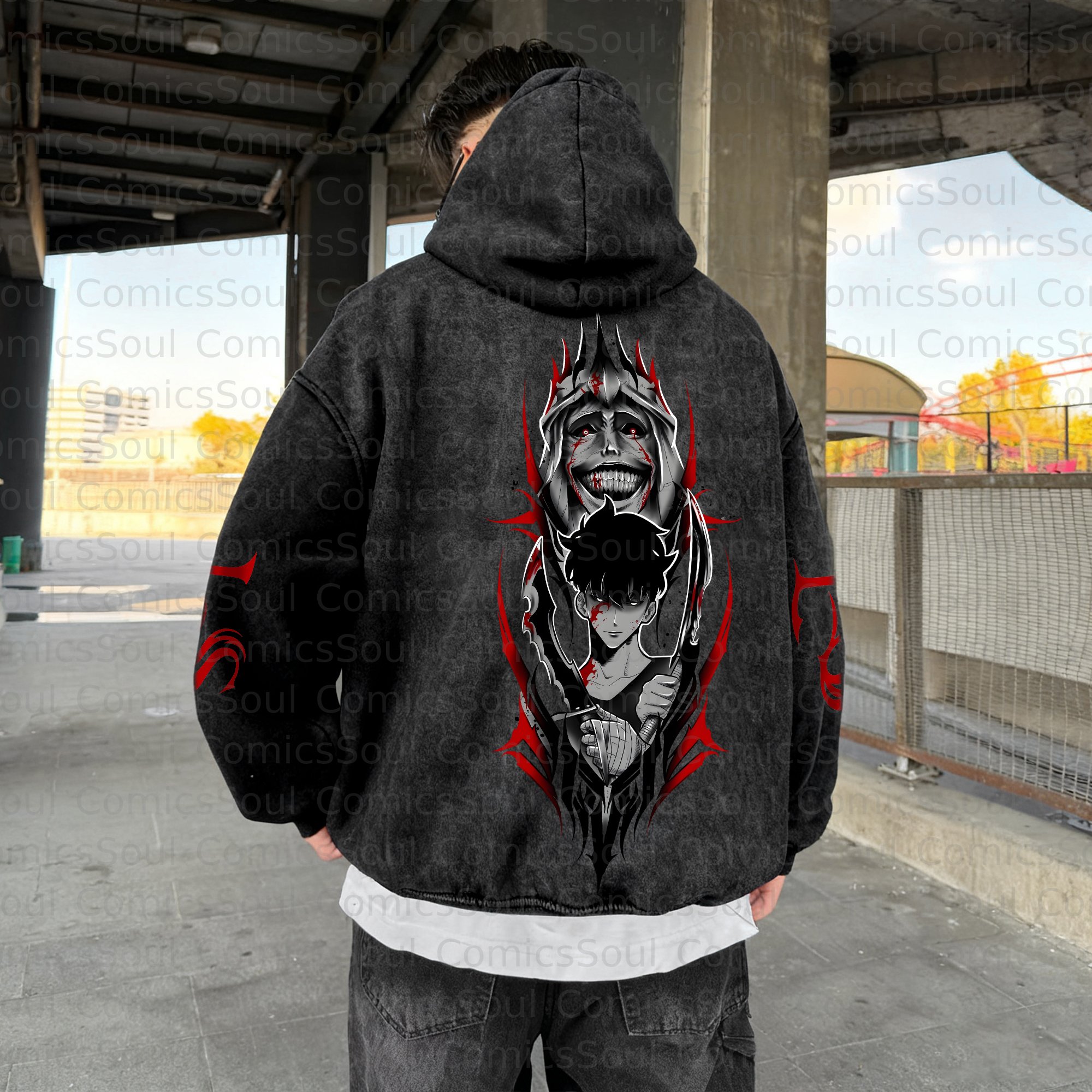 Unisex Anime Graphic Streetwear Vintage Washed Hoodie