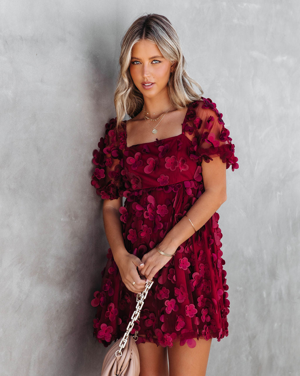 Forever Be My Always Floral Applique Tulle Babydoll Dress - Wine - Se7enfashion