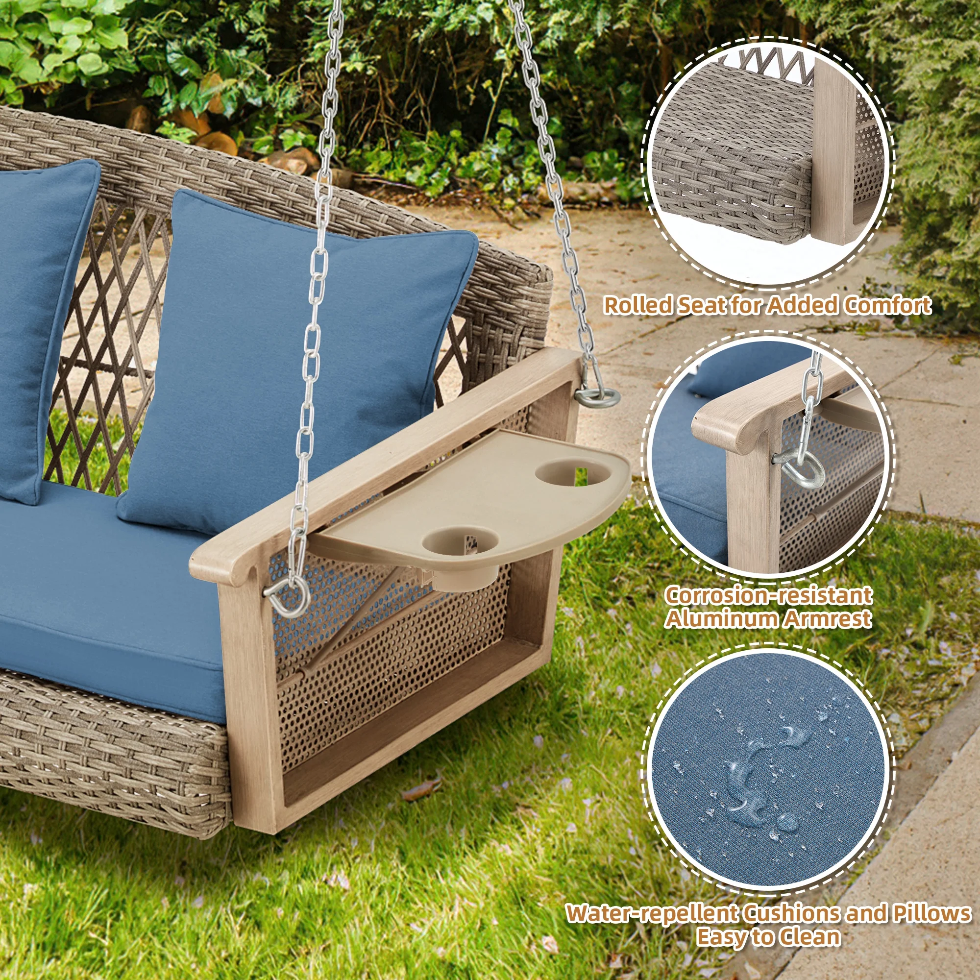 Homrest 3-Person Porch Swing 55in Wicker Hanging Swing Bench with Cushions and Cupholders for Deck, Garden and Backyard, Beige - Image 48