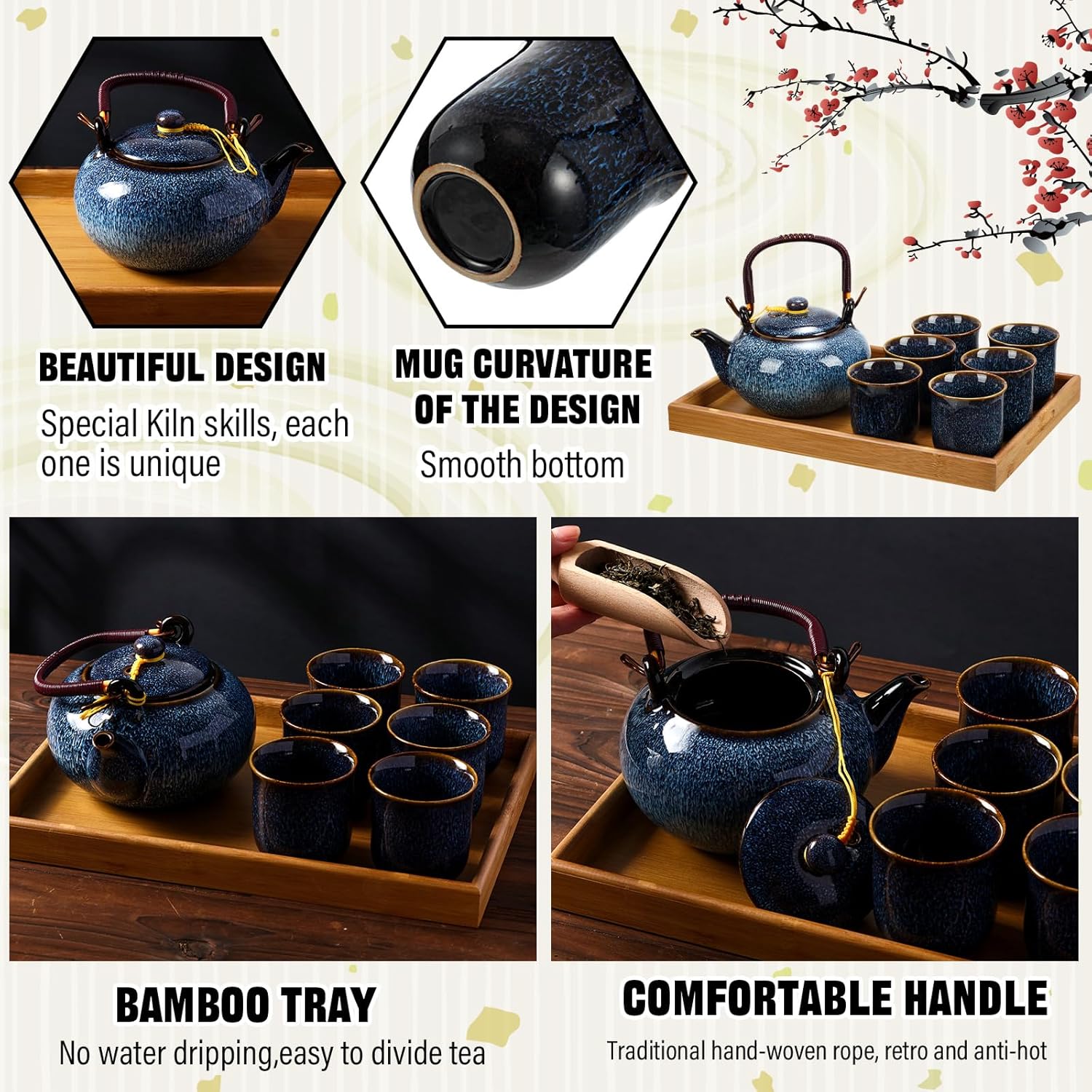 Layhit Japanese Asian Tea Set for Adults with 1 Teapot 6 Cups 1 Tray, 22 oz Traditional Portable Japanese Kiln Altered Glaze Porcelain Tea Set for Women Mother's Day Gifts(Blue)