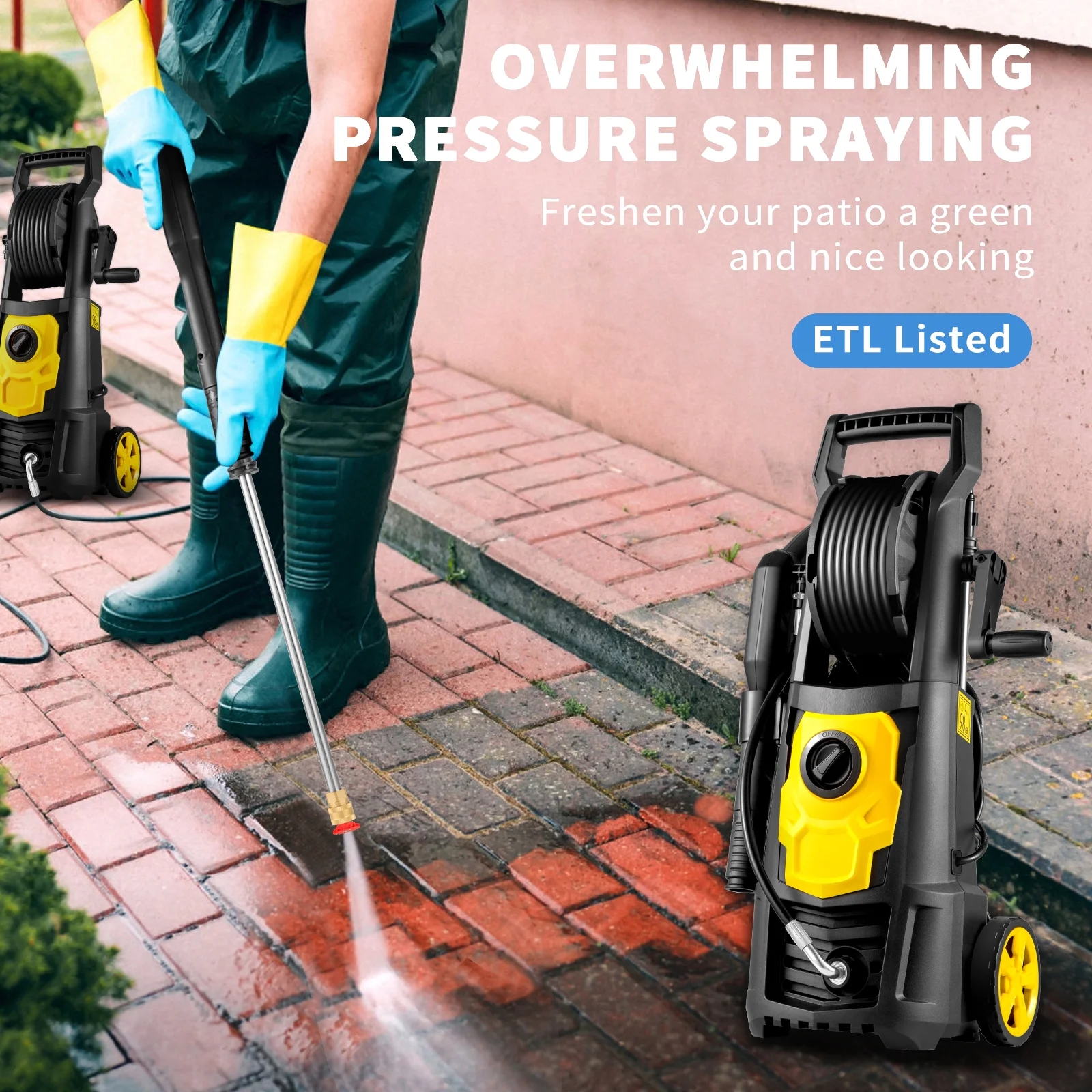 BENTISM Electric Pressure Washer, 2000 PSI 1.76 GPM 30 ft Hose & Reel, 5 Quick Connect Nozzles, Foam Cannon, Portable to Clean Patios, Cars, Fences, Driveways, ETL Listed - Image 6
