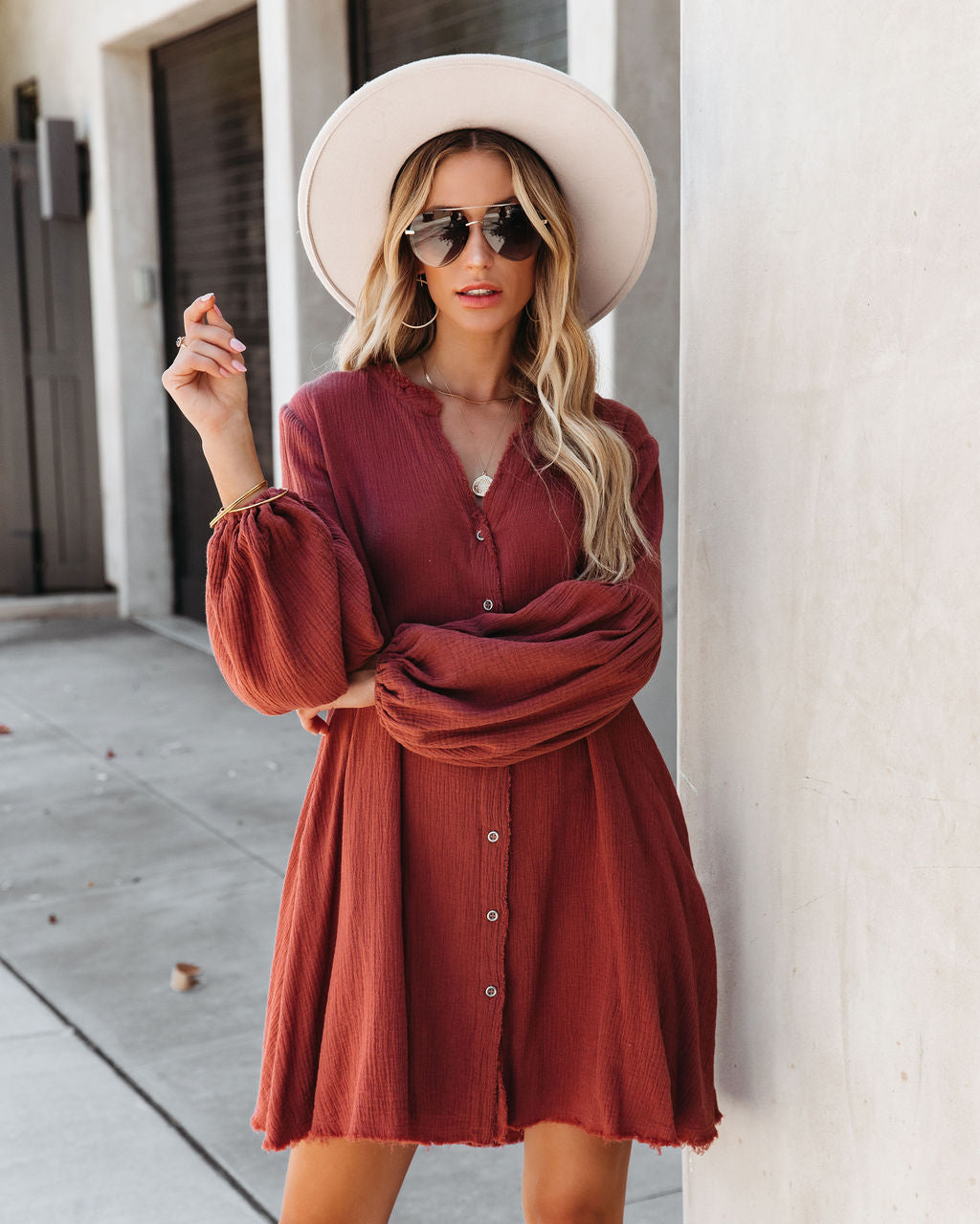 Blakeley Cotton Pocketed Button Down Shirt Dress - Clay - Se7enfashion