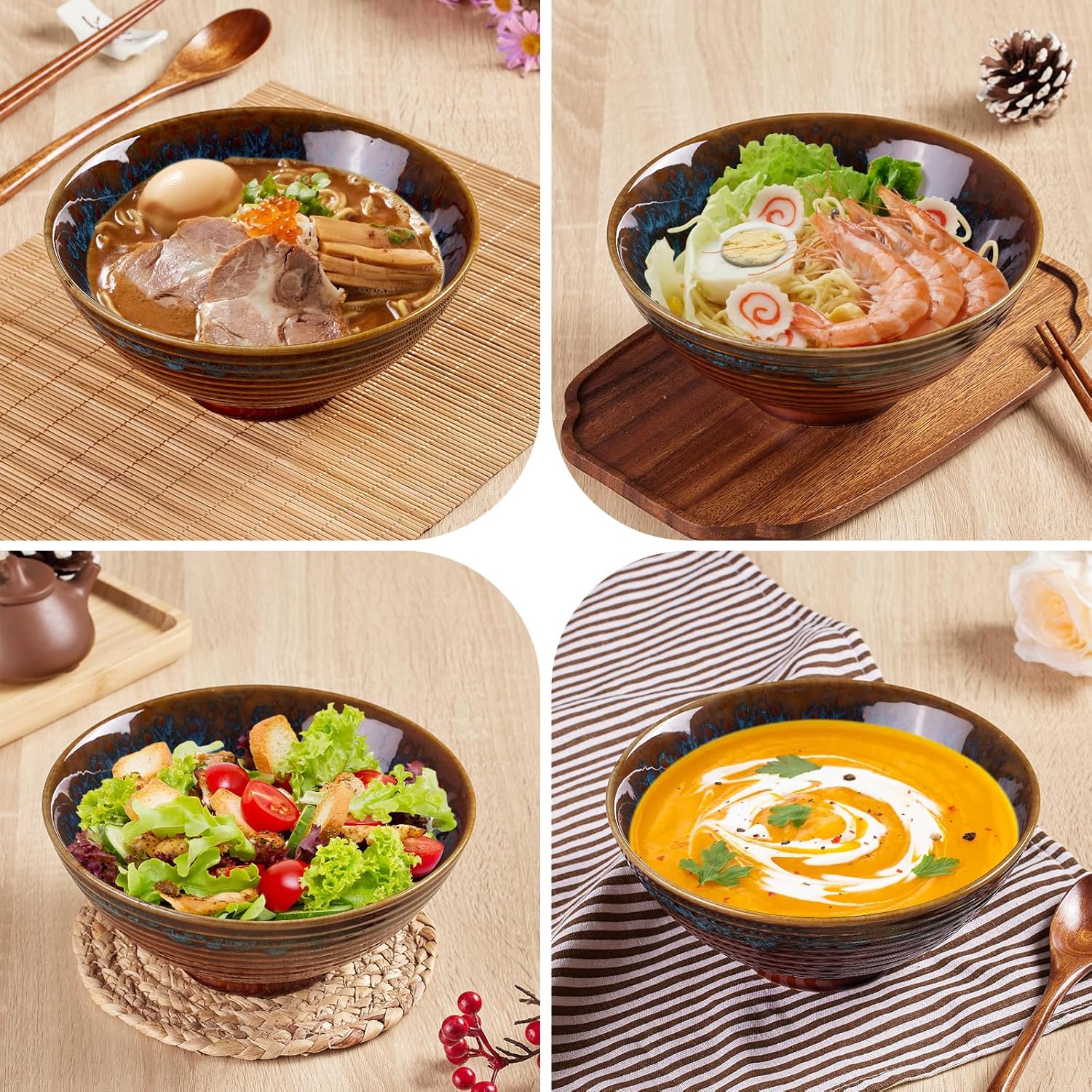 2x Ceramic Ramen Bowls - 40 oz - 20cm - With Spoon and Chopsticks for Ramen Soup Pho Udon Asian Noodles, Large Noodle Bowls (Cat's eye glaze 2 sets)