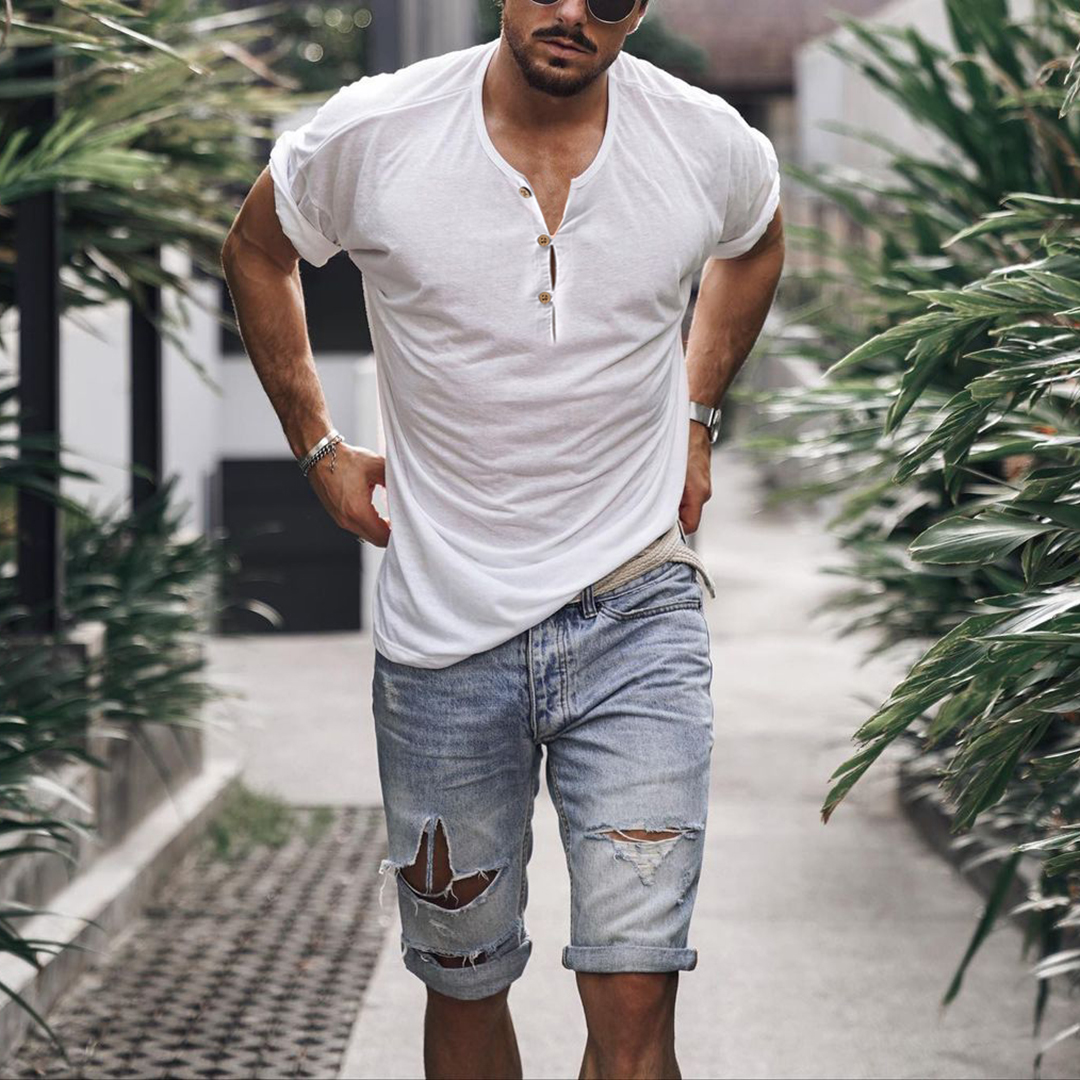 Holiday Casual Solid Color Breathable Henley T-Shirt