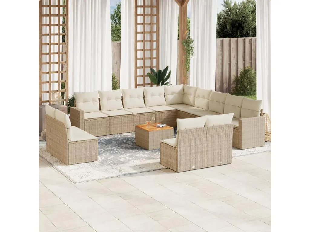 Set sofás de jardín 14 piezas con cojines ratán sintético beige mvnw56147