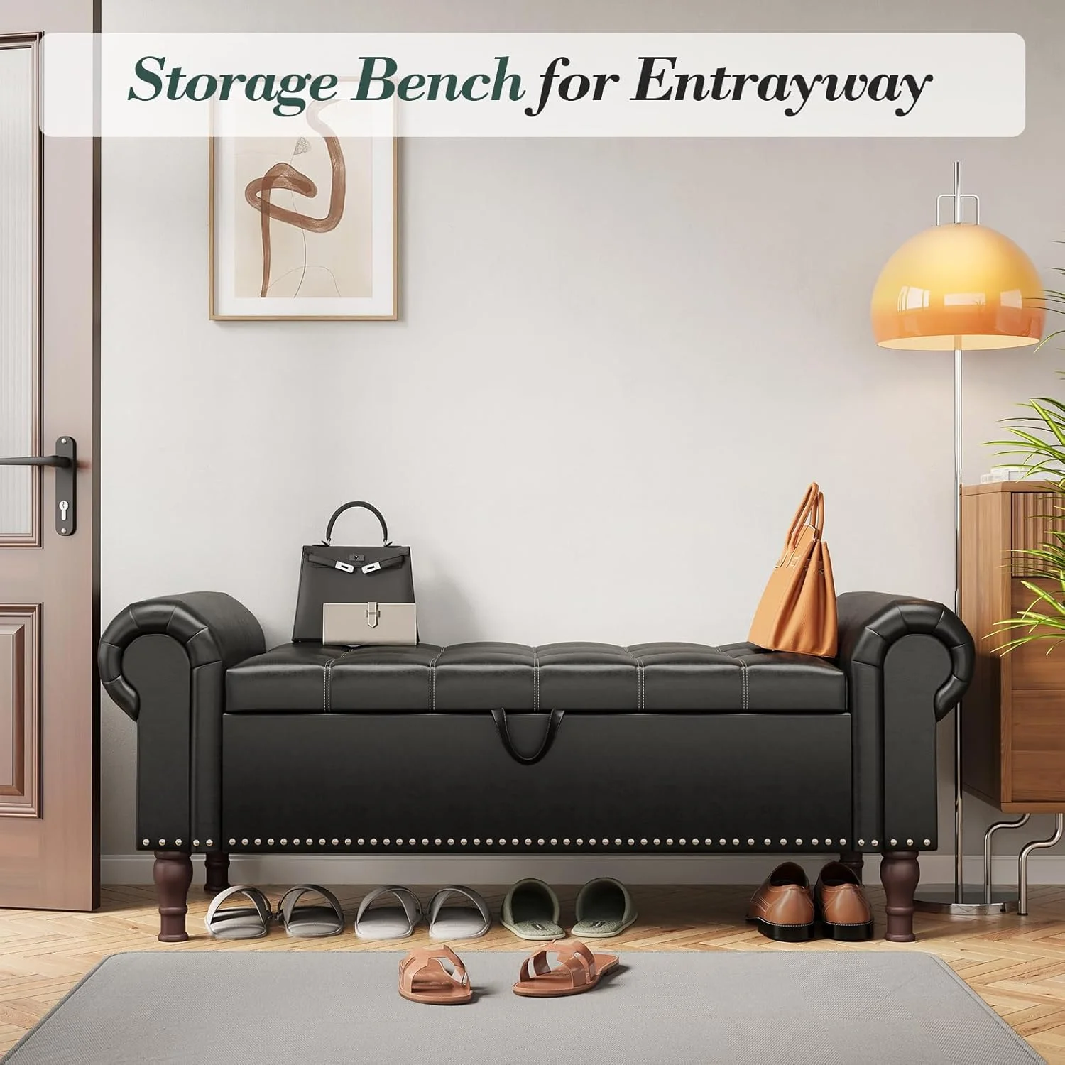YOUDENOVA Storage Ottoman Bench for Bedroom 51" Queen Leather Storage Bench with Button, Upholstered Bedroom Bench with Rolled Arms for Living Room, Storage Room, Entryway, Gray - Image 29