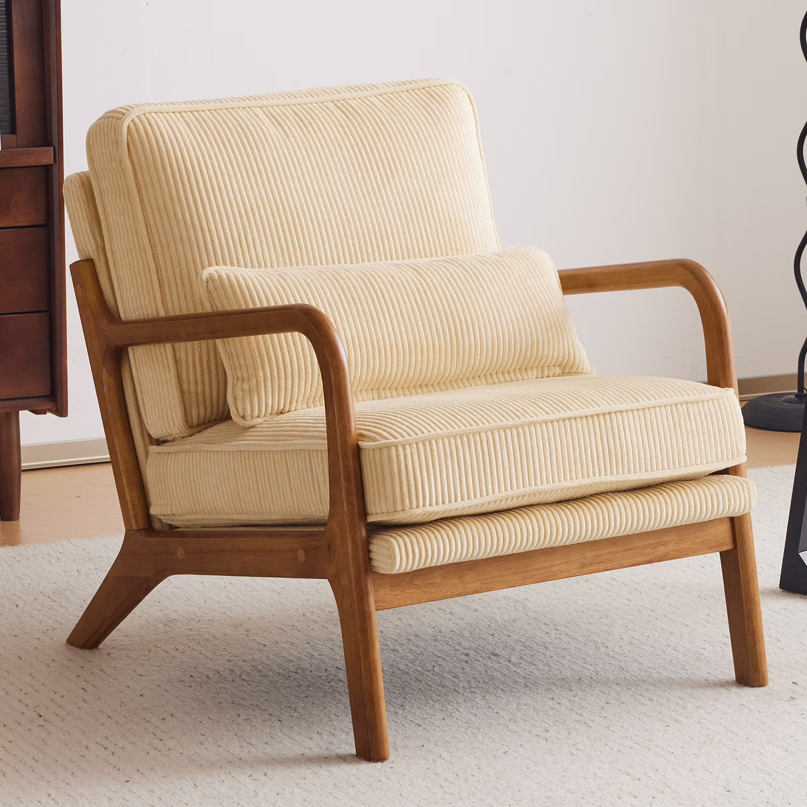 Ktaxon Accent Chair Corduroy Upholstered Armchair, Reading Club Chair with Pillow and Solid Wood Frame for Living Room Bedroom Furniture Off White - Image 13