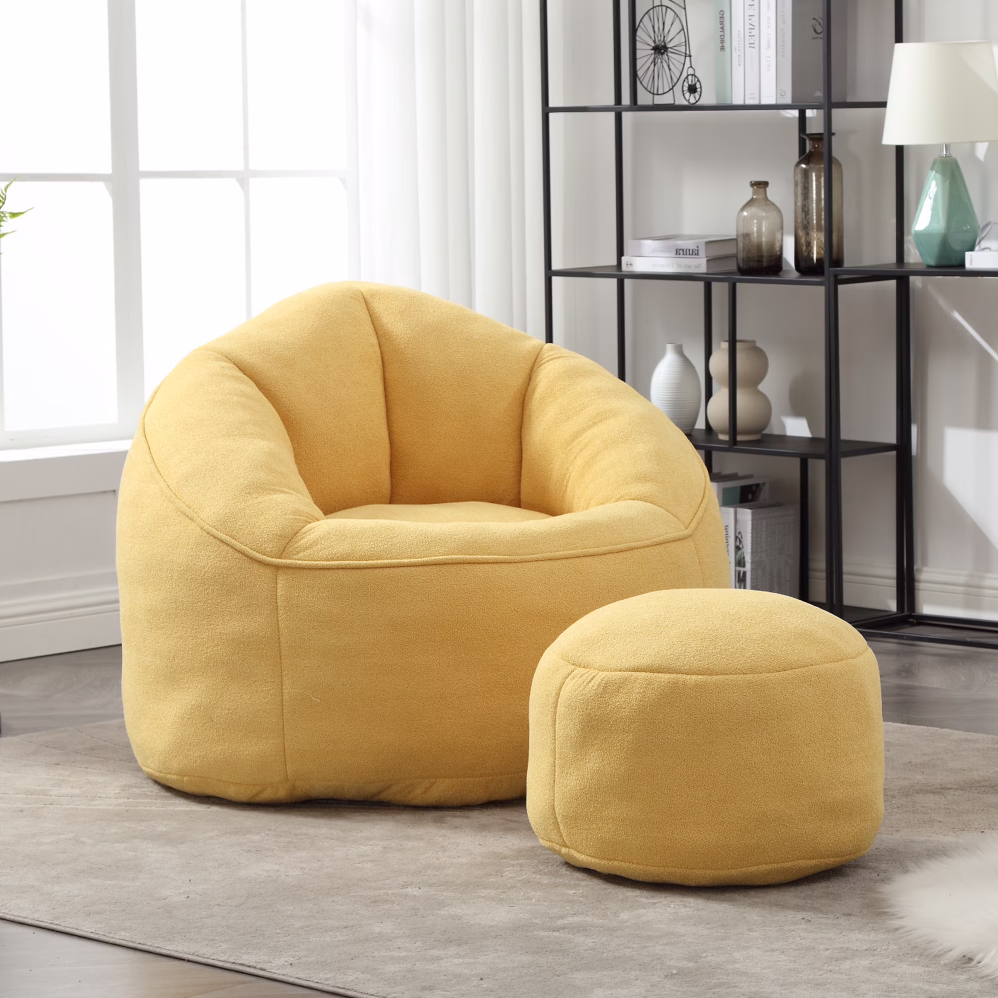 MOONMISS Microfiber Upholstered High Pressure Foam Round Lazy Bean Bag Sofa Chair with Ottoman-Gray - Image 5