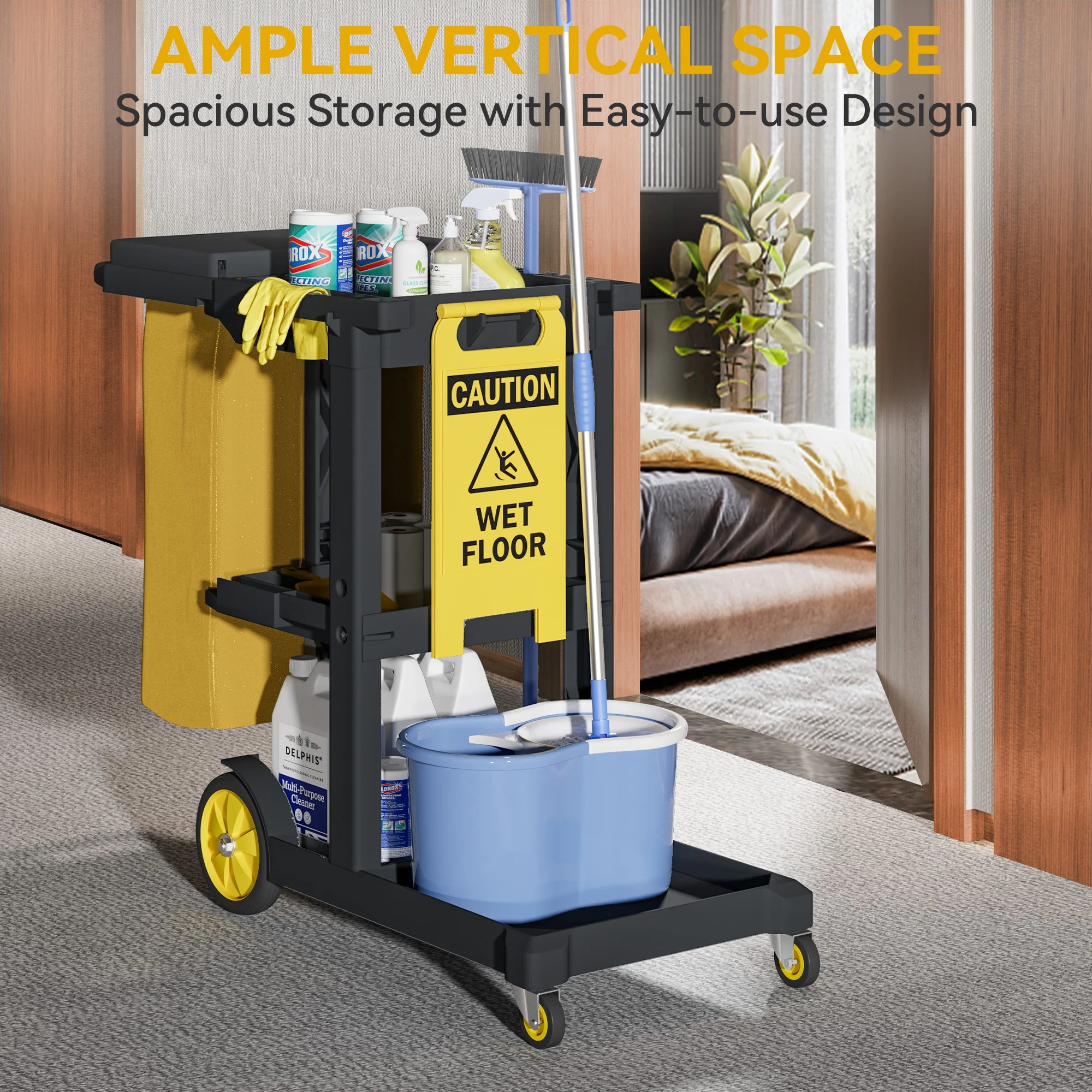 Dextrus Commercial Janitorial Trolley Cleaning Cart, 25 Gallon Capacity with Cover, for Housekeeping & Facility Maintenance, Black - Image 4