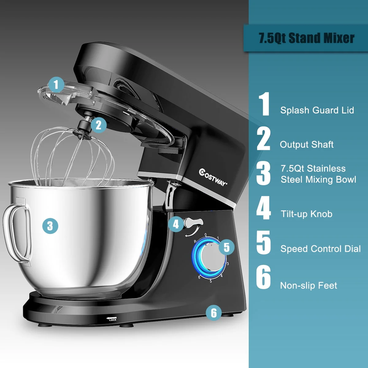 Costway Tilt-Head Stand Mixer 7.5 Qt 6 Speed 660W with Dough Hook, Whisk & Beater Black - Image 5